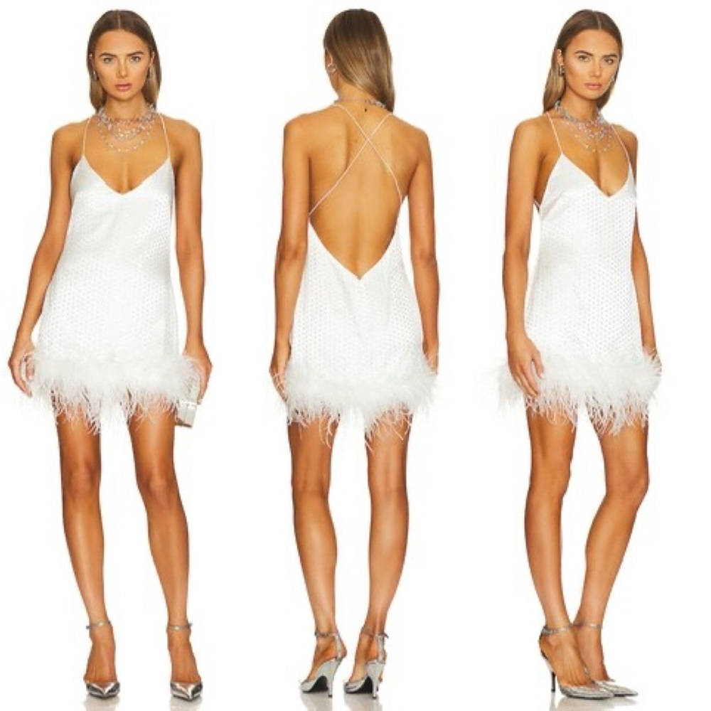 Retrofête Susana White Feather Rhinestone Mini Dress Size Large NWT